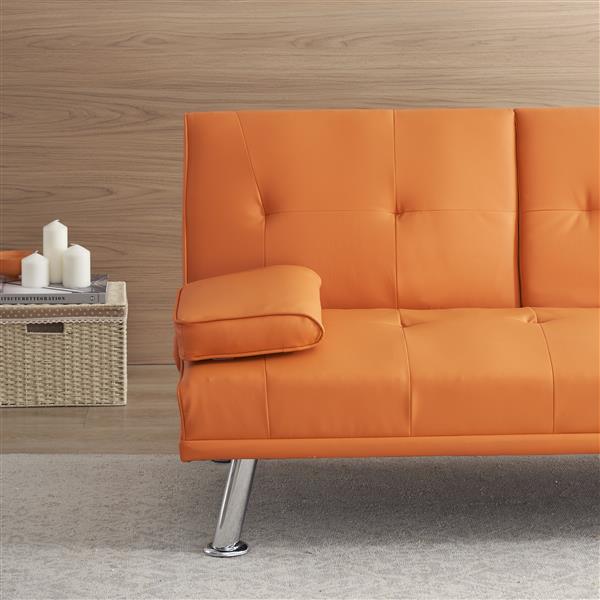 67" Orange Leather Multifunctional Double Folding Sofa Bed for Office with Coffee Table