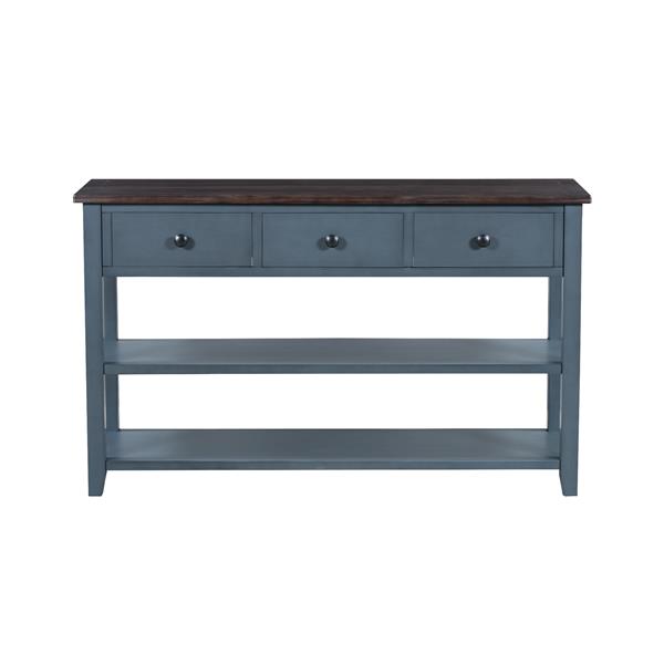 Retro Design Console Table with Two Open Shelves, Pine Solid Wood Frame and Legs for Living Room (Antique Navy+Espresso)