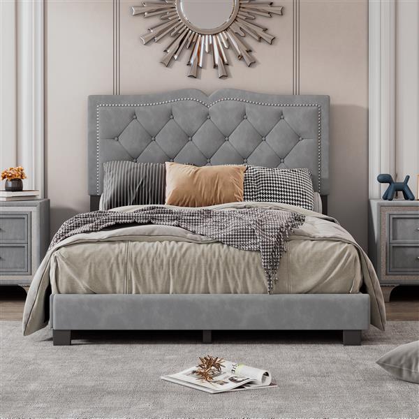 Full Size Upholstered Bed Frame with Rivet Design, Modern Velvet Platform Bed with Tufted Headboard,Gray