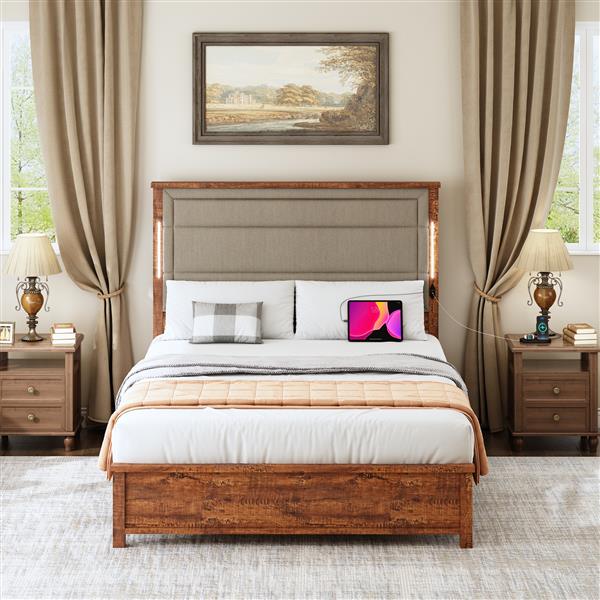 Queen Size Bed Frame with Upholstered Headboard, Queen Bed Frame with Charging Station and LED Lights, Wood Slats, Dark Gray Linen,  No Box Spring Needed, Easy Assembly