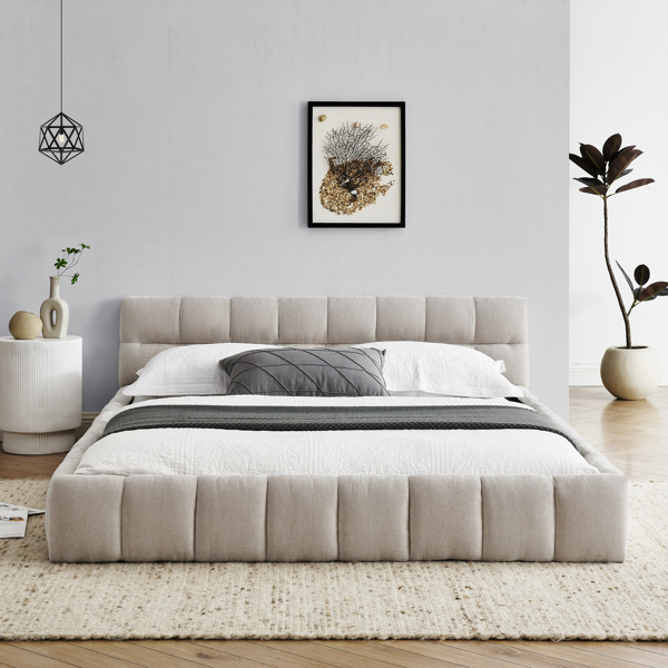 Queen Size Upholstered Bed Frame with Thick Fabric, Chenille Fabric Grounded Queen Size Platform Bed with Headboard and Solid Frame. No Box Spring Needed, Beige(68''*86.5''*23.5'')