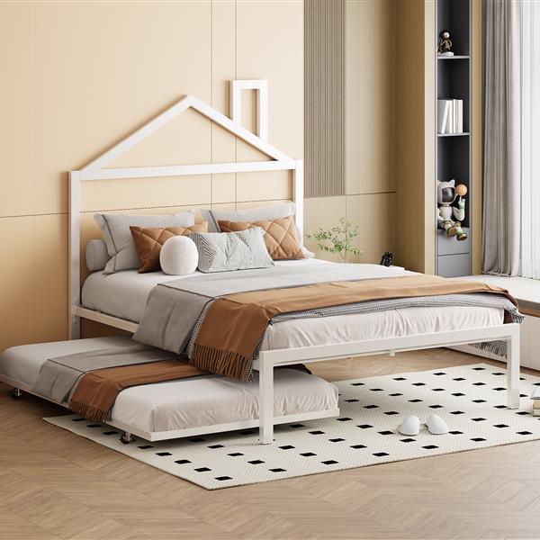 Full Size Metal Platform Bed with twin size trundle,House-Shaped Headboard Design, White