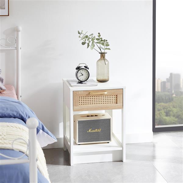 15.75" Rattan End table with  drawer, Modern nightstand, side table for living room, bedroom,white