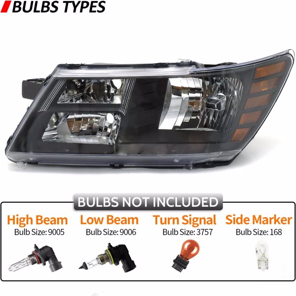 Headlights Assembly Fit For 2009-2020 Dodge Journey, Left/Driver Side Headlamp, Black Housing with Amber Reflector, BULBS NOT INCLUDED