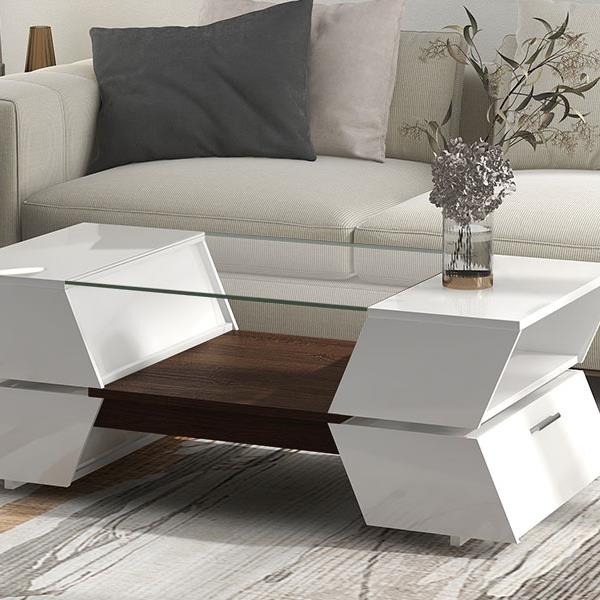 [VIDEO provided] 6mm Glass-Top Coffee Table with Open Shelves and Cabinets, Geometric Style Cocktail Table with Great Storage Capacity, Modernist 2-Tier Center Table for Living Room, White