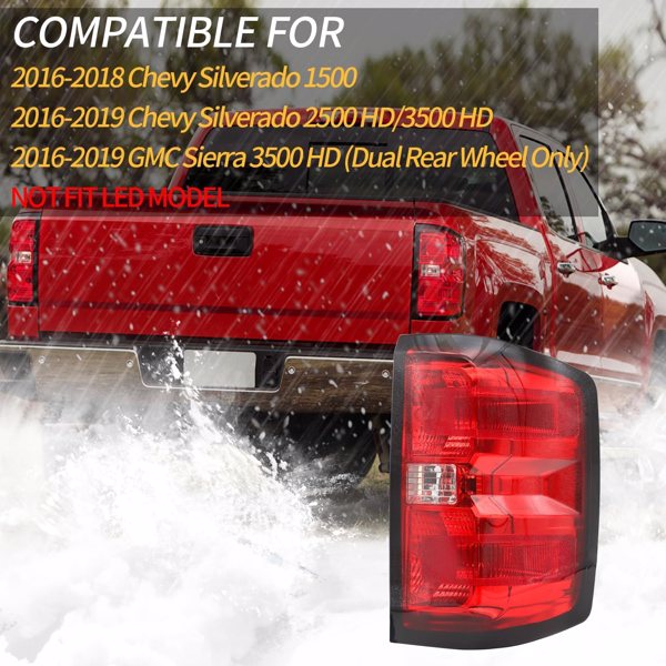 Halogen Tail light Assembly Fit for 2016-2018 Chevy Silverado 1500, 2016-2019 Chevy Silverado 2500HD/3500HD GMC Sierra 3500HD (Dual Rear Wheel Only), Included Harness (Right Passenger Side)