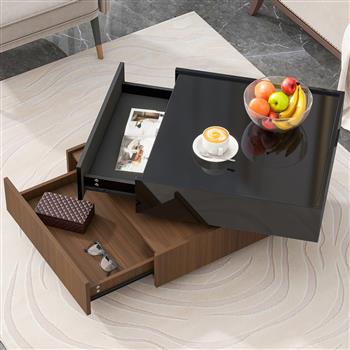 Multi-functional Square 360°Rotating Coffee Table with 2 Drawers, High Gloss 2-Tier Center Table with Swivel Tabletop and Storage, Walnut Table Frame Side Table for Living Room, Black