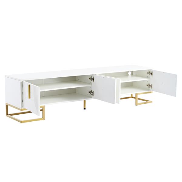 Modern TV Stand with Metal Legs and Gold Handles for TVs Up to 80'', Media Console Table with Cabinets and Adjustable Shelves, Luxury TV Cabinet with Geometric Lines for Living Room, White