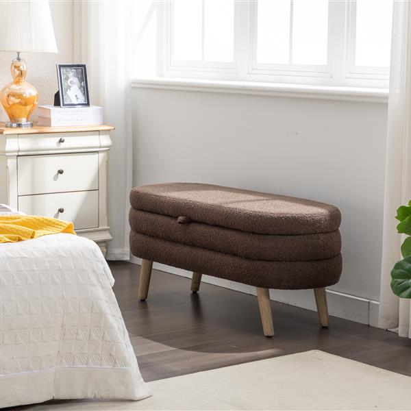 036-Boucle Fabric Storage Bench Bedroom Bench With Wood Legs For Living Room Bedroom Indoor,Brown