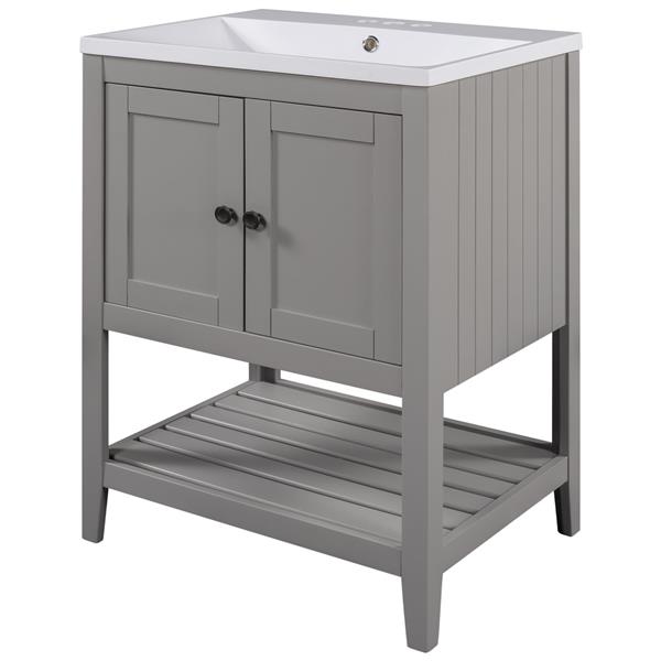 [VIDEO] 24" Grey Modern Sleek Bathroom Vanity Elegant Ceramic Sink with Solid Wood Frame Open Style Shelf