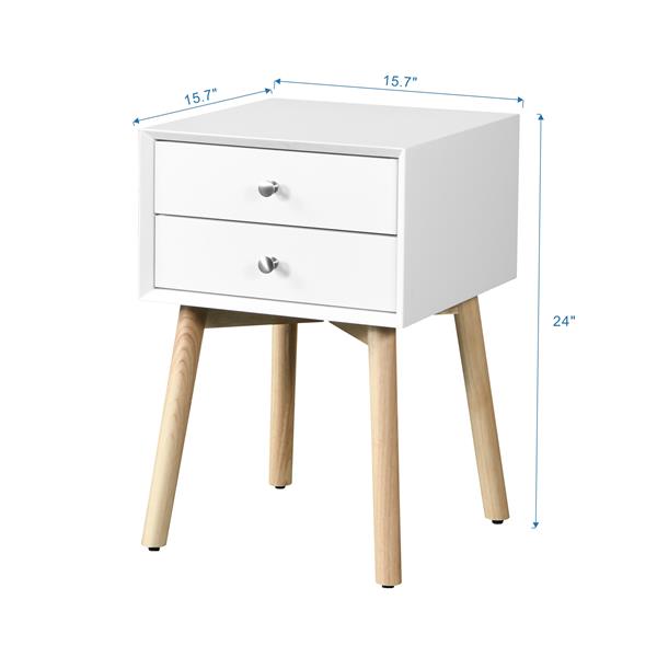 Side Table,Bedside Table with 2 Drawers and Rubber Wood Legs, Mid-Century Modern Storage Cabinet for Bedroom Living Room, White