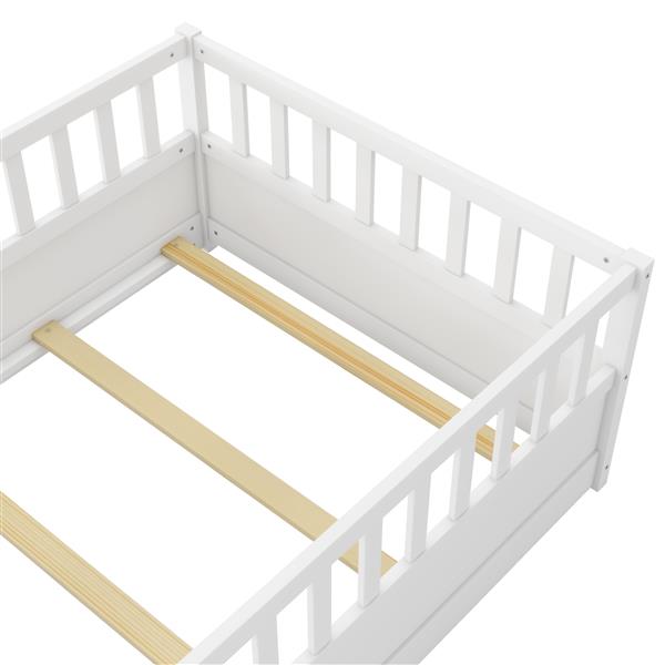 Twin Size Floor bed, integral construction with super high security barrier, door, children's floor bed frame, Montessori wooden children's floor bed, Support slat white