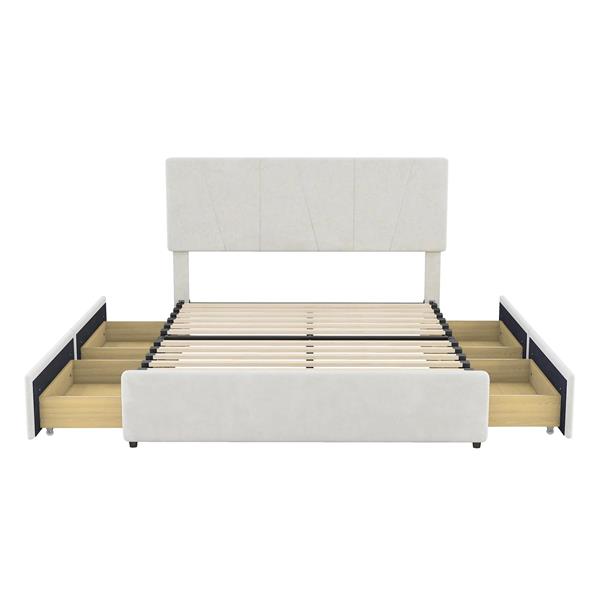 Full Size Upholstery Platform Bed with Four Drawers on Two Sides, Adjustable Headboard, Beige