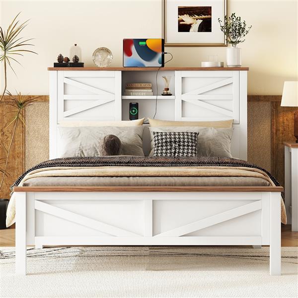 Farmhouse Platform Bed with Double Sliding Barn Door, Full Size Rustic Wood Bed with
Charging Station, Wood Slats Support, White+Brown