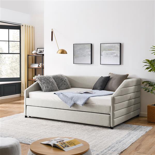 Full Size Daybed with Trundle Upholstered Tufted Sofa Bed, Linen Fabric, Beige (82.5"x58"x34")