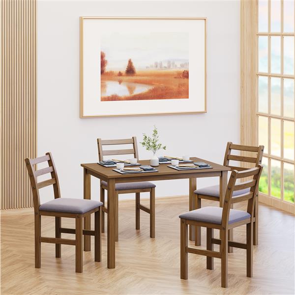 5PCS Stylish Dining Table Set 4 Upholstered Chairs with Ladder Back Design for Dining Room Kitchen Brown Cushion and Antique Oak