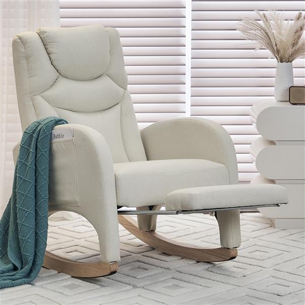 052-Cotton Linen Fabric Nursery Rocking Chair With Adjustable Footrest,Beige