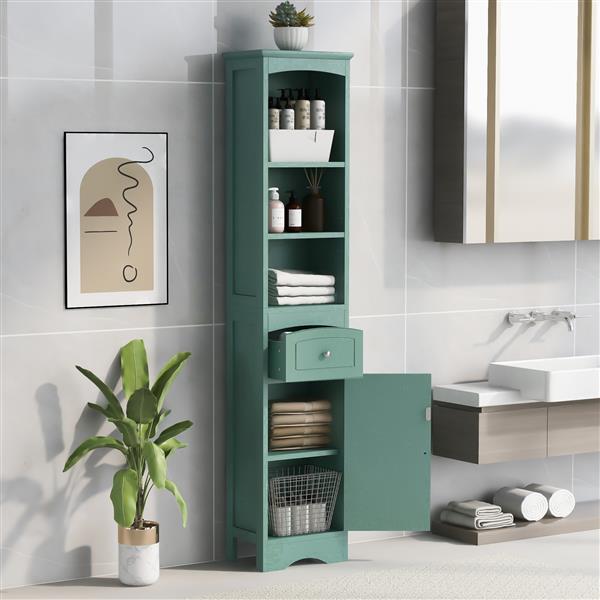 Tall Bathroom Cabinet, Freestanding Storage Cabinet with Drawer, MDF Board, Adjustable Shelf, Green