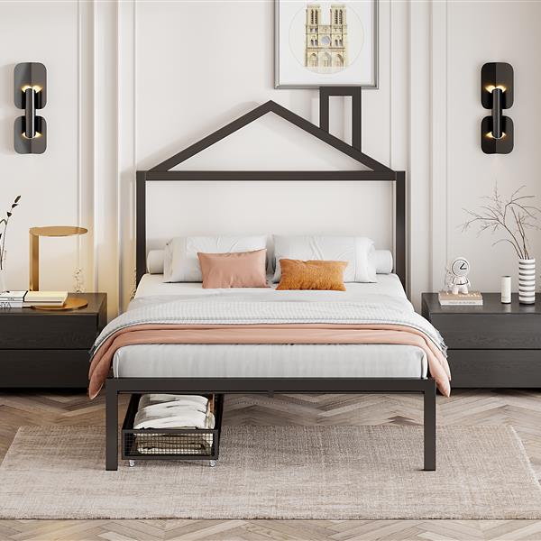 Full Size Metal Platform Bed with two drawers,House-Shaped Headboard Design, Black