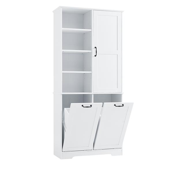 Bathroom Storage Cabinet with Doors and Drawers, Tilt-Out Laundry Hamper, Multiple Storage Space, Freestanding Style, Open Shelve, Adjustable Shelf, White