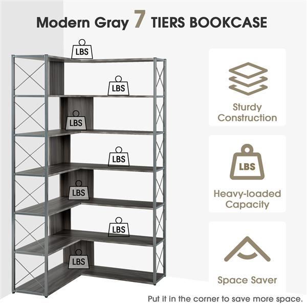 Silver+Grey 7-Tier Bookcase Home Office Bookshelf,  L-Shaped Corner Bookcase with Metal Frame, Industrial Style Shelf with Open Storage, MDF Board