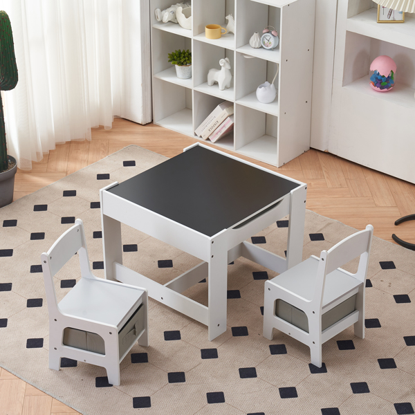 Children's Wooden Table And Chair Set With Two Storage Bags (One Table And Two Chairs) Grey And White