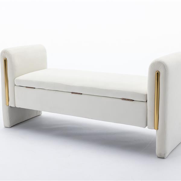 032-Velvet Fabric Storage Bench Bedroom Bench With Gold Metal Trim Strip For Living Room Bedroom Indoor,Ivory