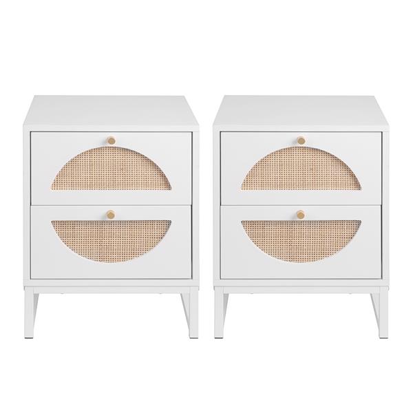 2 Drawer Nightstand Set of 2, White, Natural Rattan, Display Rack for Bedroom and Living Room