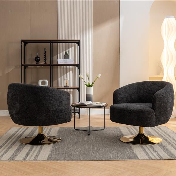 048-Chenille Fabric Swivel Chair With Gold Metal Round Base,Black