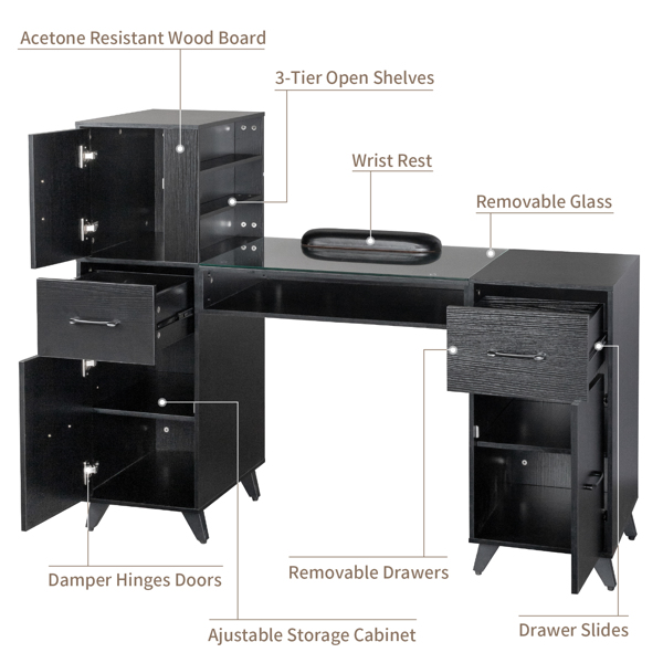  Black relief particle board tempered glass 141*50*112cm three doors and two drawers fanless nail table