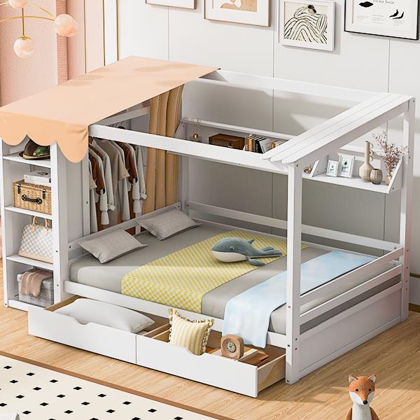 Full size House Bed with Two Drawers and Wardrobe,White