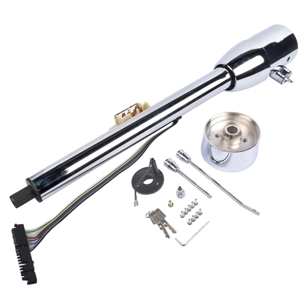 Chrome 28" Tilt Street Rod Floor Shift Steering Column with Key, 9-Hole Adapter