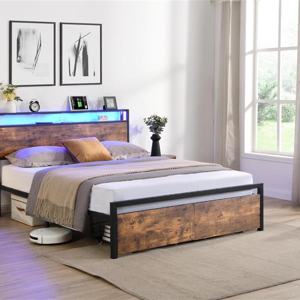 Full Size Bed Frame with Storage Headboard and 2 Drawers, LED Lights Bed with Charging Station, Metal Platform Bed No Noise, Mattress Foundation Strong Metal Slats Support No Box Spring Needed