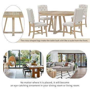 5-Piece Retro Functional Dining Set, Round Table with a 16\\"W Leaf and 4 Upholstered Chairs for Dining Room and Living Room (Natural)
