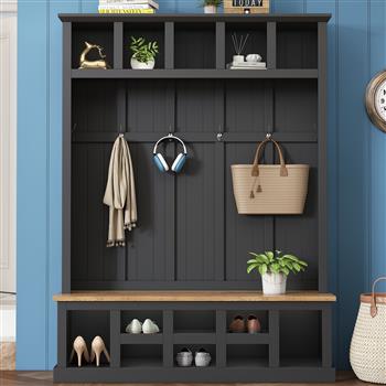 Farmhouse Wooden Style 78\\'\\'H Modern Hall Tree with Wide Storage Seating Bench, Entryway Shoe Cabinet with 13 Compartments, Elegant Coat Rack with 6 Hooks for Mudroom, Living room, Black