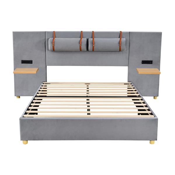 Queen Upholstered Platform Bed, Two Outlets and USB Charging Ports on Both Sides, Two Bedside Pillows, Storage Shelves, Gray