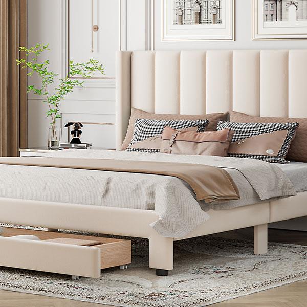 Queen Size Storage Bed Velvet Upholstered Platform Bed with a Big Drawer - Beige