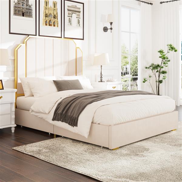 Queen Size Bed Frame and 59.06" Headboard, Upholstered Bed with lden Plating Trim, Modern Platform Bed No Box Spring Needed, Cream