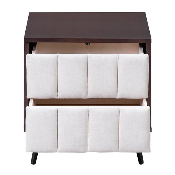 2-Drawer Nightstand for Bedroom, Mordern Wood+Linen Bedside Table with Classic Design,Walnut+Beige