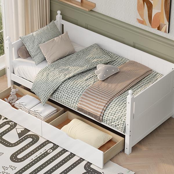 Twin Size Solid Wood Daybed with 2 drawers for Limited Space Kids, Teens, Adults, No Need Box Spring, White