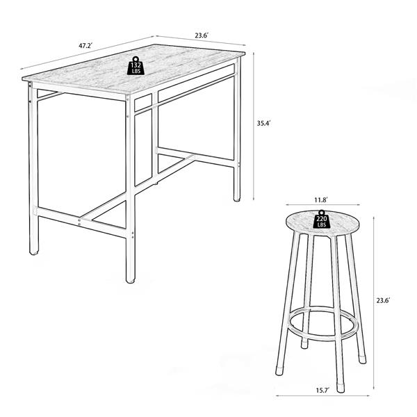 5-piece rural kitchen table with four bar stools, metal frame and MDF, black