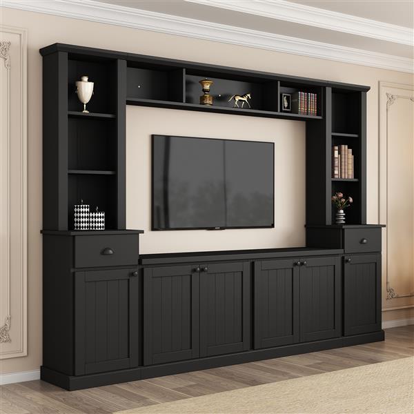 Minimalist Entertainment Wall Unit Set with Bridge for TVs Up to 75'', Ample Storage Space TV Stand with Adjustable Shelves, Modernist Large Media Console for Living Room, Black