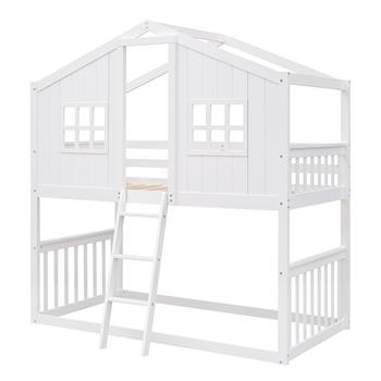 Twin Over Twin House Bunk Bed With Ladder, Wood Bed-White