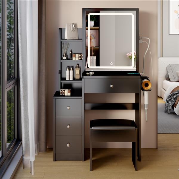 Small Space Left Bedside Cabinet Vanity Table + Cushioned Stool, 2 AC+2 USB Power Station, Hair dryer bracket, Extra Large Touch Control Sliding LED Mirror, Tri-color Switching, Brightness Adjustable