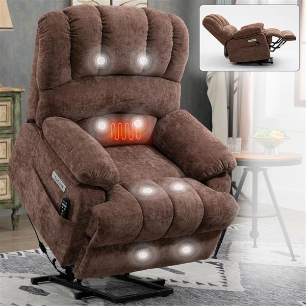 23" Seat Width and High Back Large Size Chenille Power Lift Recliner Chair with 8-Point Vibration Massage and Lumbar Heating, Brown