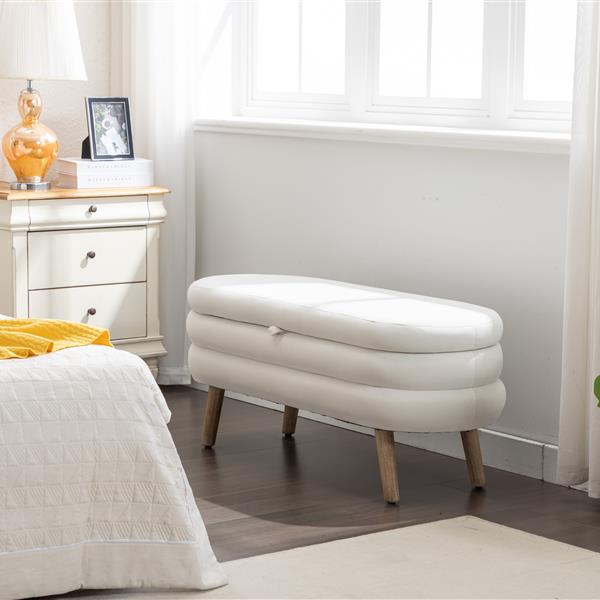 036-Velvet Fabric Storage Bench Bedroom Bench With Wood Legs For Living Room Bedroom Indoor,Ivory