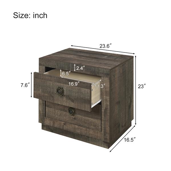 Farmhouse Style 2 Drawers Nightstand End Table for Bedroom, Living Room, Rustic Brown