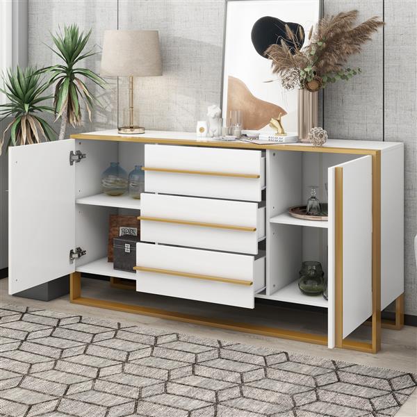 Modern Style 59"L Sideboard with Large Storage Space and Gold Metal Legs for Living Room and Entryway (White)