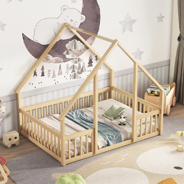 Full Wood House-Shaped Floor Bed with Fence, Guardrails,Natural