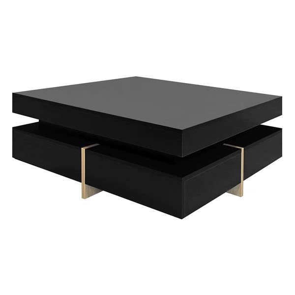 Modern High Gloss Coffee Table with 4 Drawers, Multi-Storage Square Cocktail Tea Table with Wood Grain Legs, Center Table for Living Room, 31.5''x31.5'', Black